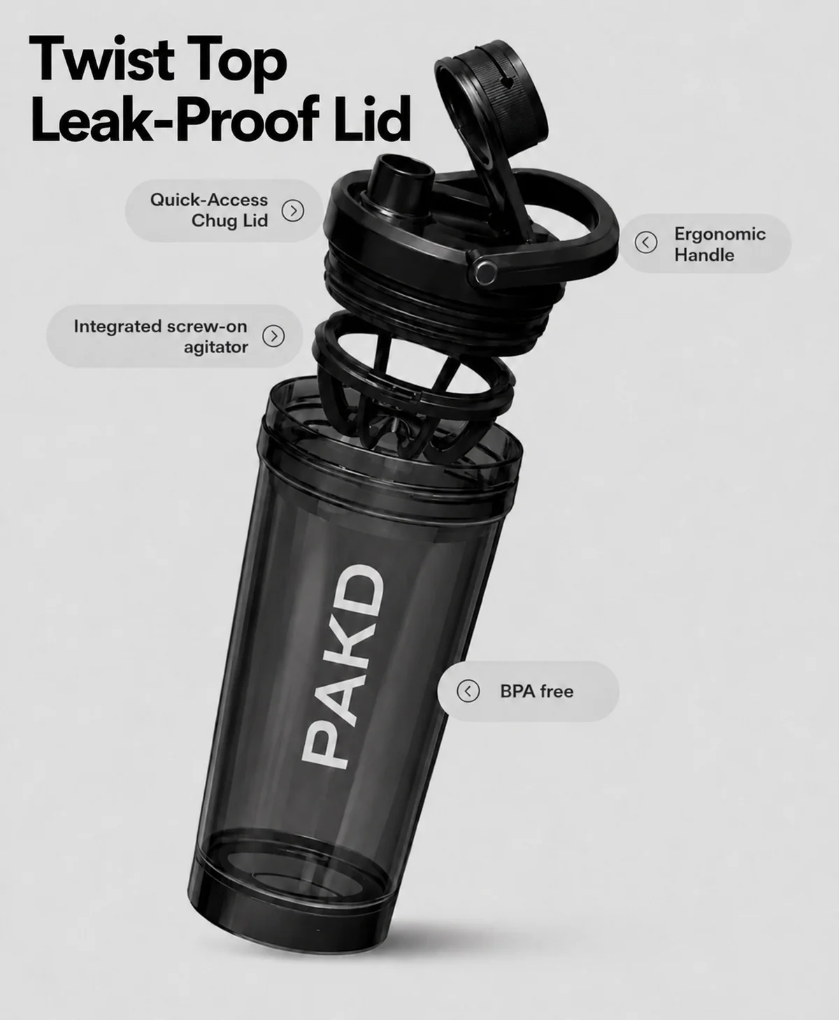 PAKD Fuel Shkr Twist Top Leak-Proof Lid — Quick-Access Chug Lid, Ergonomic Handle, Integrated screw-on agitator, BPA-free