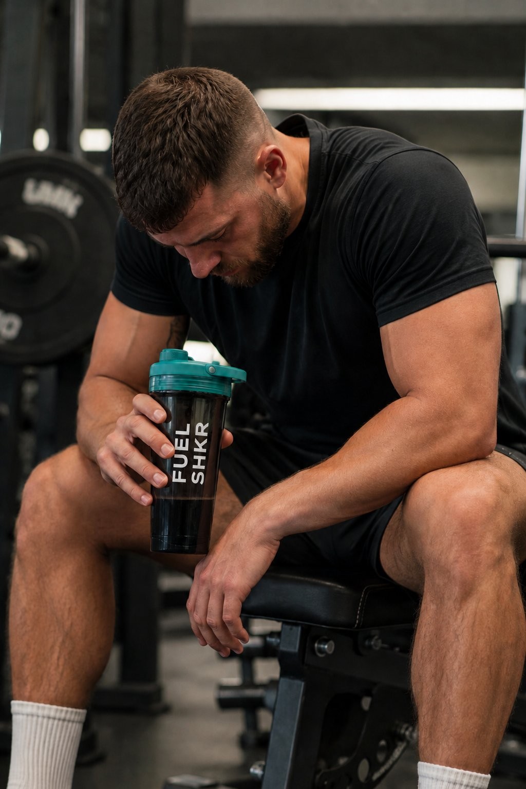 Athlete resting on bench between sets with PAKD Fuel Shkr