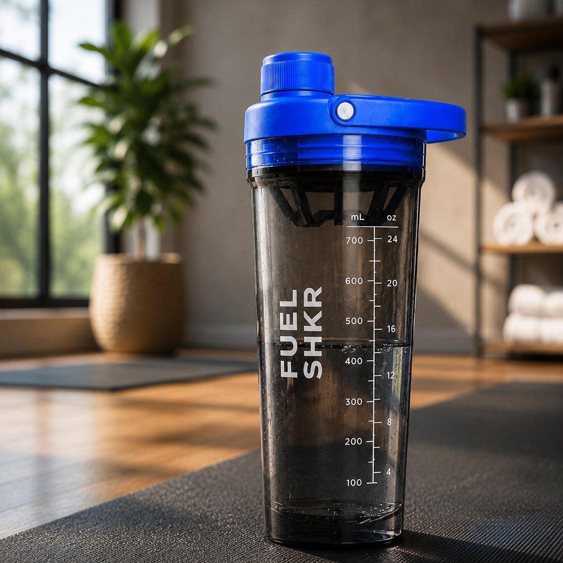 PAKD Fuel Shkr 24oz shaker bottle in gym studio