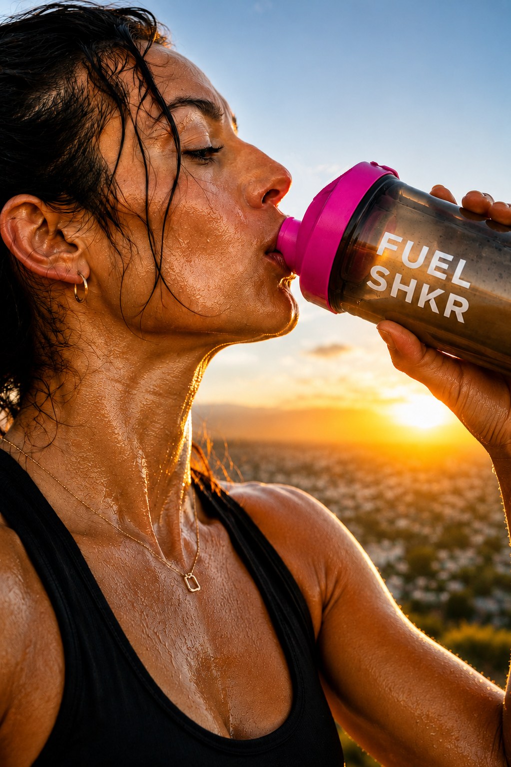 Athlete drinking from the PAKD Fuel Shkr at sunset
