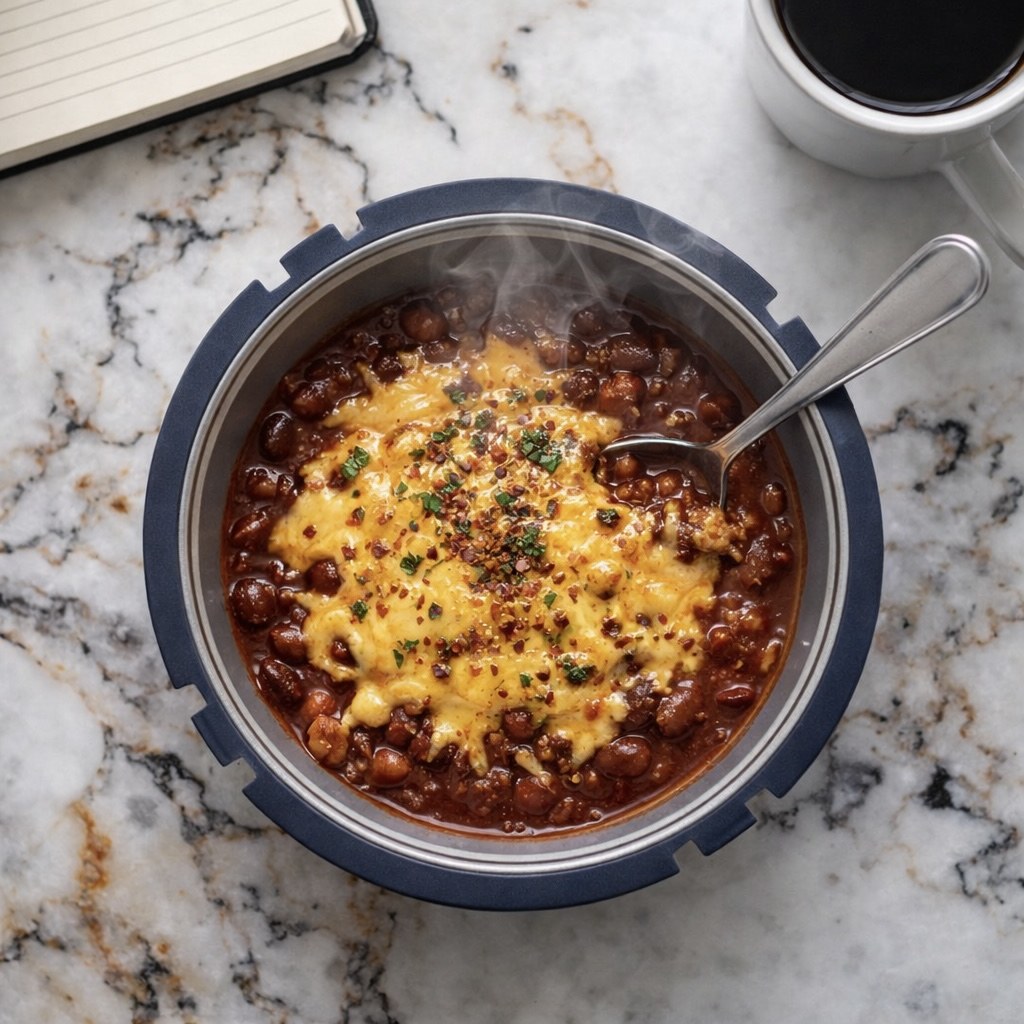 PAKD Power Bowl with hot chili on a marble counter — keeps meals hot up to 6 hours